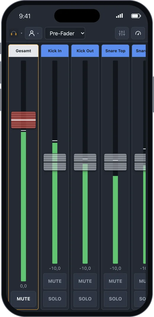 Bandimo auf einem iPhone: Monitor-Mix mit großen Fadern
