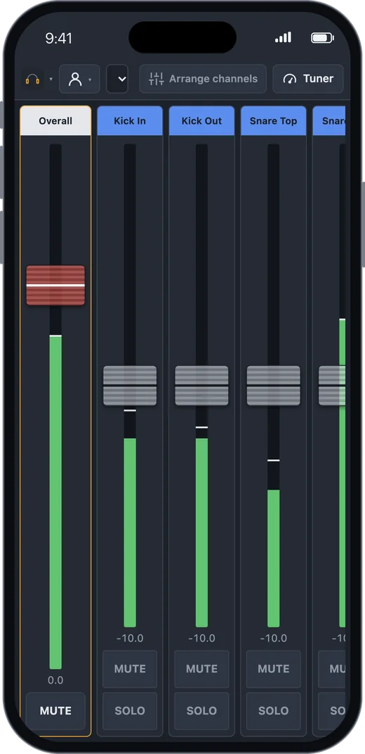 Bandimo on an iPhone: monitor mix with large faders